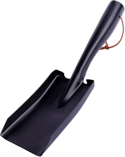 Metal Garden Ash Shovel, Black Steel, Compact Size with Leather Strap, for Fireplace, BBQ, Charcoal Cleanup