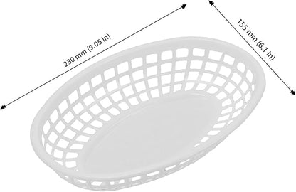 JAPCHET 70 Pack Fast Food Baskets, 9 x 6 Inch Oval Plastic Serving Baskets, Reusable Plastic Restaurant Food Basket for Hot Dogs Burgers Fries Sandwiches Birthday Party Picnics, White