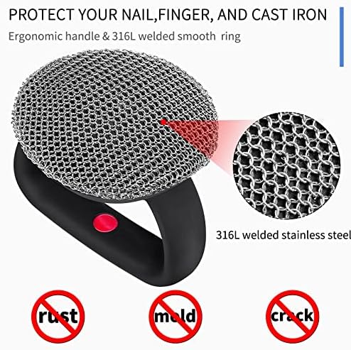 Cast Iron Cleaner Scrubber+Tray Heavy Duty Handle, 3mm Welded Chain Mail - Image 4