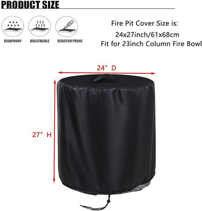 POMER Fire Column Cover, 24inch Round Fire Pit Covers Column Fire Bowl Waterproof Propane Gas Fire Pit Cover - 24" D x 27" H