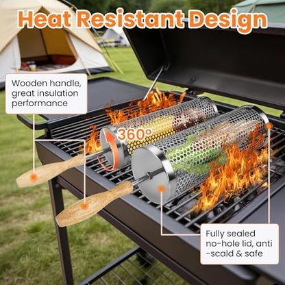 2 PCS Rolling Grill Baskets for Outdoor Grill, Stainless Steel Veggie Grill - Image 3