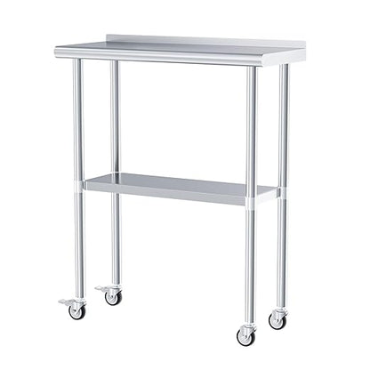 Stainless Steel Work Table with Wheels, 14x30 Inch NSF Food Prep Table with Backsplash & Adjustable Undershelf for Commercial Kitchen, Restaurant, Garage