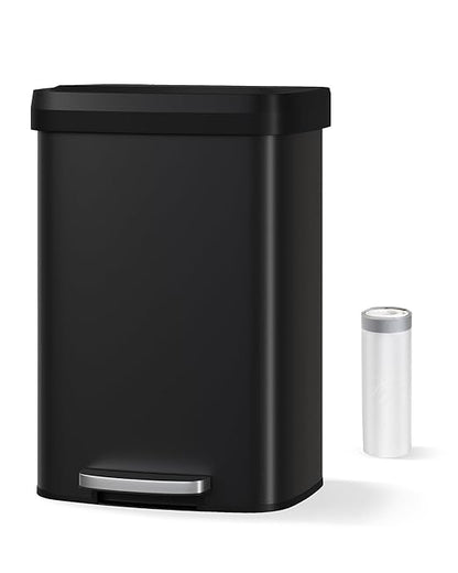 Garvee 13 gal / 50 L Metal Trash Can with Lid, Large Garbage Can for Kitchen, Rustproof Step-on Kitchen Metal Trash Bin with Liner Rim, Rear Handle, Soft Close Plastic Lid, Black