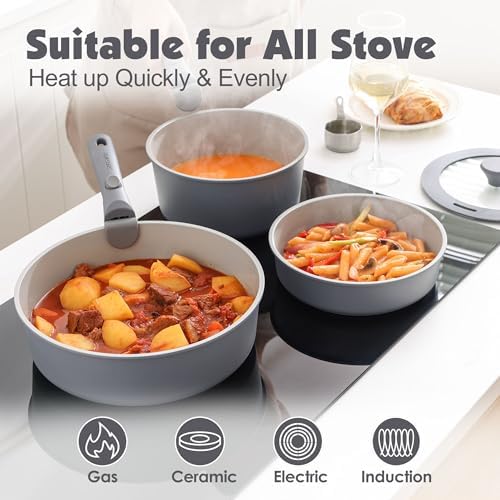SENSARTE 17 Piece Ceramic Detachable Handle Pots and Pans Set Gray - Image 6
