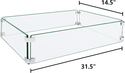 Fire Pit Wind Guard, 31.5"x14.5"x6" Glass Wind Guard for Fire Pit Square Table, Made of Clear Tempered Glass, Set with Assembly Instructions, Easy to Install