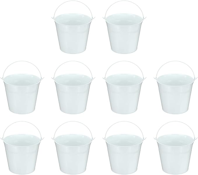 Small Metal Buckets, Mini Buckets with Handle Galvanized Colored Tin Pail Containers Basket Party Supplies - Fit for (Halloween - Classroom Crafts) 5" & 10Pcs & White