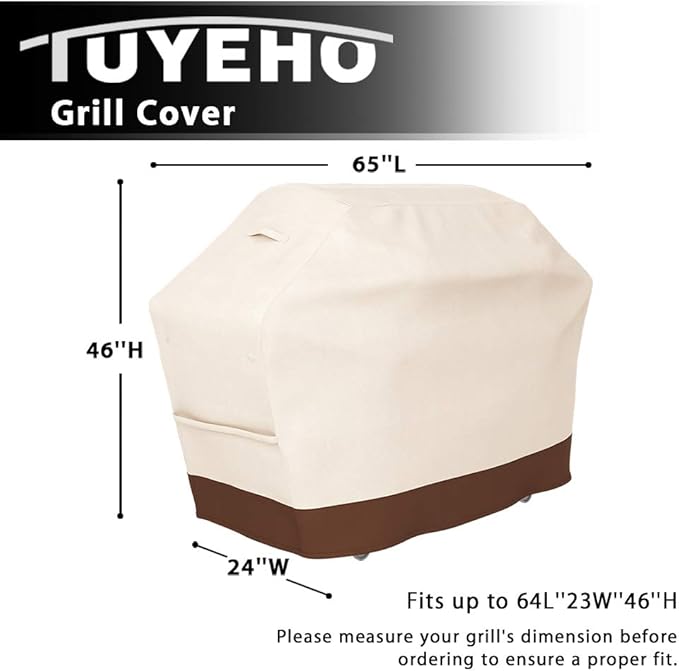 Tuyeho Grill Cover 65 x 24 x 46 inch, 600D Heavy Duty Gas BBQ Cover w/Side Fasteners Straps, Waterproof & Weather Resistant for Your Weber, Char-Broil, Brinkmann, Holland, Jenn Air (Beige & Brown)