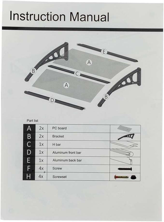 Simply-Me 40" x 40" Door Window Awning Polycarbonate Cover Front Door Outdoor Patio Awning Canopy UV Rain Snow Protection Hollow Sheet (Silver & Black Bracket)