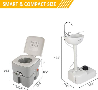 VINGLI Portable Sink and Toilet Combo| Self-contained 5 Gal Hand Washing Station and 5.3 Gal Flushing Toilet, Perfect for Camping/RV/Boat/Road Tripper/Camper
