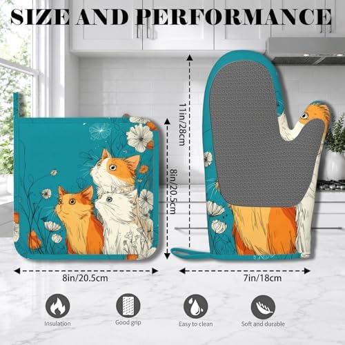 Cute Cat Kitten Oven Mitts and Pot Holders Sets Non-Slip Silicone Surface - Image 2
