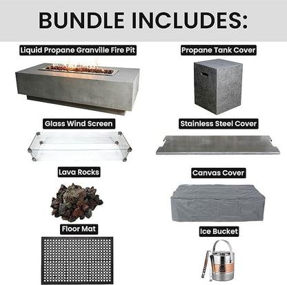 Elementi Granville Fire Pit Bundle Outdoor Firepit Set Includes 60” Propane Concrete Firepit Table, Glass Windscreen, Stainless Steel Cover, Tank Cover, Canvas Cover, Floor Mat, Ice Bucket