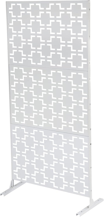 75" H×35" W Decorative Outdoor Privacy Screen with Stand, Outdoor Decor Privacy Fence Screen Metal Fence Panels, Free Standing Metal Divider for Patio Lawn Deck (White-Square)