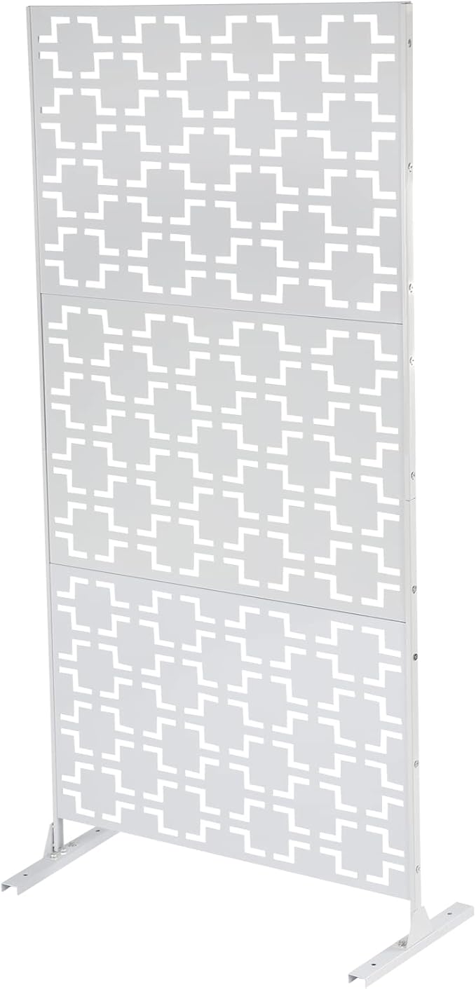 Outdoor Metal Privacy Screen with Stand, 35.4" W x 75" H Freestanding Metal Slatted Decorative Privacy Screen and Panels for Patio Garden Balcony Porch (White B)