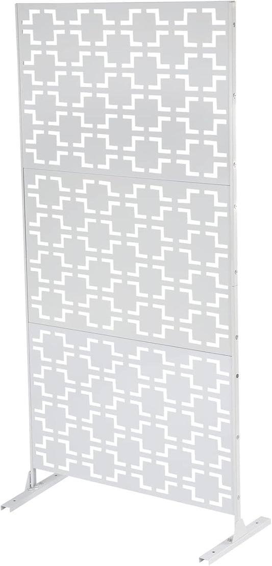 Outdoor Metal Privacy Screen with Stand, 35.4" W x 75" H Freestanding Metal Slatted Decorative Privacy Screen and Panels for Patio Garden Balcony Porch (White B)