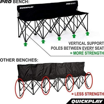 QUICKPLAY PRO Portable Folding Bench – Available in 4, 6, and 9 Seats & 6-Seat Shelter | Heavy-Duty, Fast Set-Up Seating for Sports, Camping, and Outdoor Activities