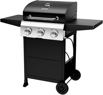 ROVSUN 3-Burner Propane Gas BBQ Grill with Foldable Side Tables & Enameled Cast Iron Grates, 36,000 BTU Barbecue Grill with Portable Wheels for Outdoor Patio Backyard Cooking Grilling, Black