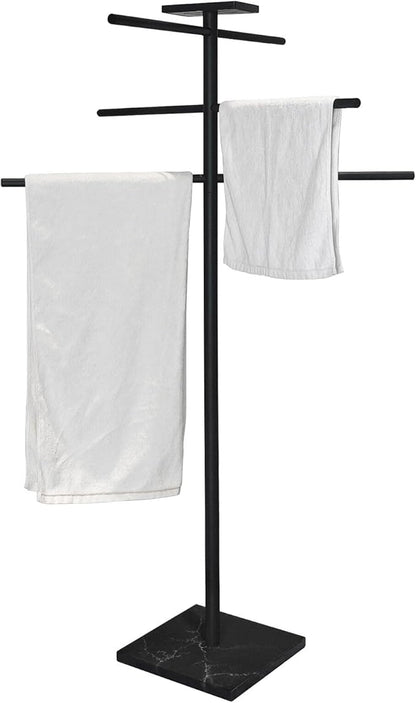 Hot Tub Towel Rack with Tray, 304 Stainless Steel 6 Arms Freestanding Swimming Pool Towel Holder,Black Marble Base Outdoor Bath Sheet Drying Bar for Spa, Hot Tub & Patio