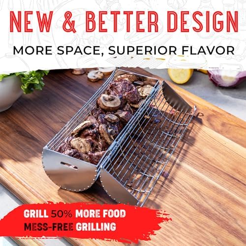 SHIZZO Extra Sturdy Rolling Grill Basket, Removable Handle - Image 4