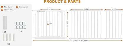 HOOEN Extra Wide Baby Gate for Doorways Stairs White Pressure Mounted Baby Gate Walk Through Child Gates for Kids or Pets Indoor Safety Gates 71.5-76.38 Inch