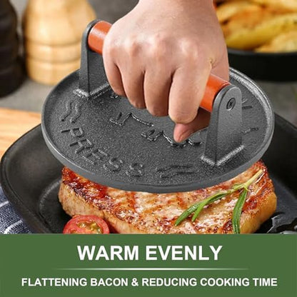 Cast Iron Burger Press, 7.2 inch Round, Wood Handle - Image 5