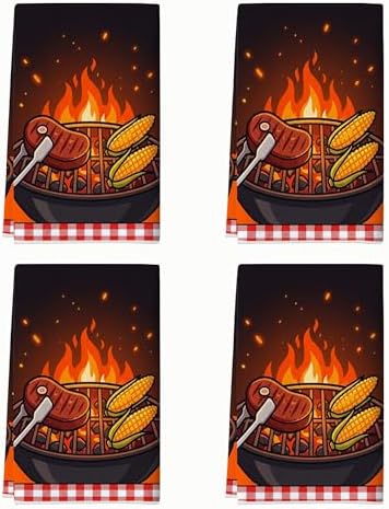 Grill Kitchen Towels Set of 4, Summer Casual Steak Corn Summer Orange Absorbent by Unknown