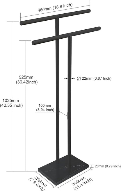 40 Inch Freestanding Towel Rack for Bathroom Floor Double-T Shape Bath Sheet Holder with Marble Design Base Standing Towel bar Next to Tub or Shower Towel Holder Stand SUS304 Matte Black