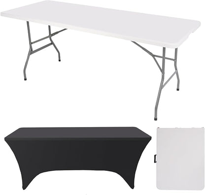 FWTI Deal 6 Feet Foldable Table & Tablecloth Set, Built in Carrying Handle & Alloy Steel Legs, Heavy Duty Portable for Party, Dining, Wedding, Picnic, Camping, Utility - White (Table&Tablecloth)