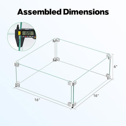 16" x 16" x 6" Glass Wind Guard for Propane Gas Fire Pit Table, Square Thick Tempered Glass Shield, Firepit Glass Barrier with Aluminum Corner Bracket & Rubber Feet