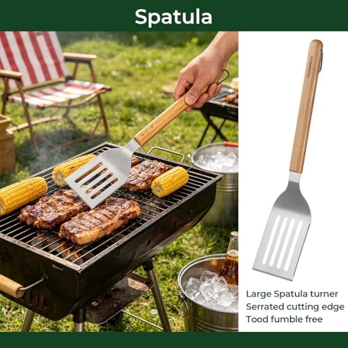 3Pc Wooden BBQ Tool Set, Heavy Duty Spatula, Fork & Tongs - Image 4