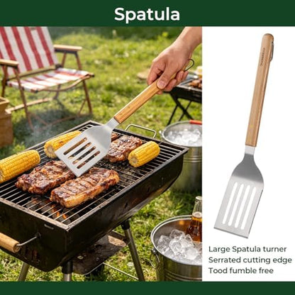 3Pc Wooden BBQ Tool Set, Heavy Duty Spatula, Fork & Tongs - Image 4