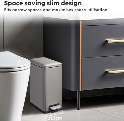Bathroom Bin 17L, Kitchen Bins Small Trash Can with Soft Close Lid,Slim Pedal Bin with Removable Inner Bucket for Home,Bathroom,Kitchen,Bedroom,and Office.Grey