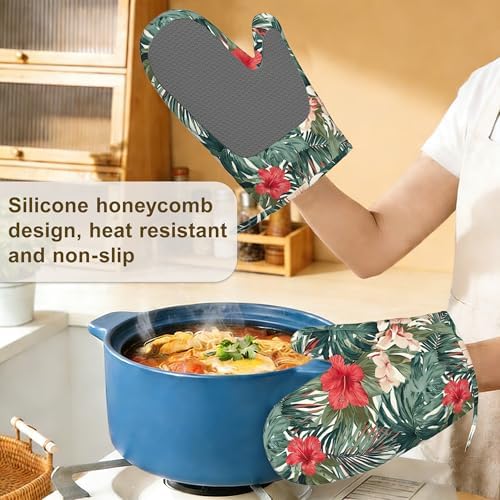 Hawaiian Oven Mitts and Pot Holders Set of 4, Heat Resistant Non SlipTropical - Image 4