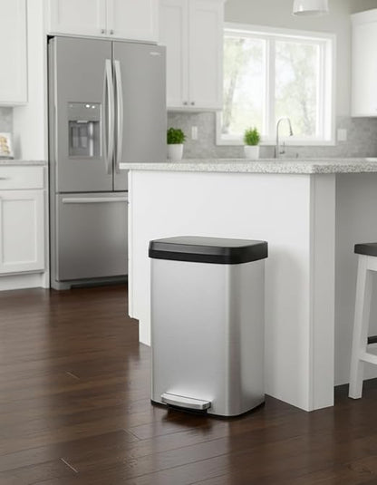 Garvee 16 gal / 60 L Stainless Steel Trash Can with Lid, Large Garbage Can for Kitchen, Rustproof Step-on Kitchen Metal Trash Bin with Liner Rim, Rear Handle, Soft Close Plastic Lid, Silver