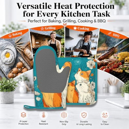 Cute Cat Kitten Oven Mitts and Pot Holders Sets Non-Slip Silicone Surface - Image 3