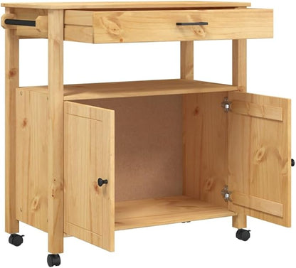 Kitchen Trolley Monza Rolling Kitchen Island Cart with Storage, Portable Dining Room Serving Utility Carts, Brown 33.1" x 15.7" x 35.4" Solid Wood Pine KH79A