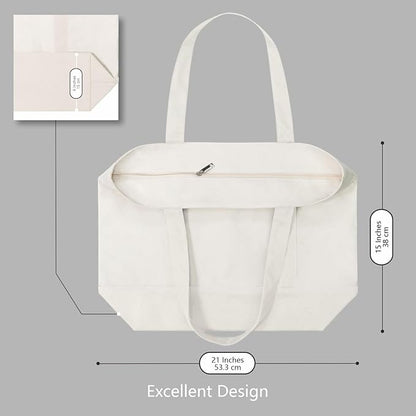 TOPDesign 1-Pack Canvas Tote Bag with an External Pocket, Reusable Grocery Shopping Bag, Top Zipper Closure, Daily Essentials (Natural)