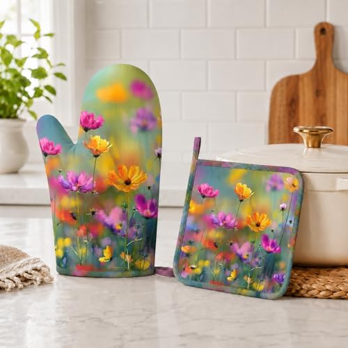Retro Colorful Flowers Oven Mitts and Pot Holders Sets Boho Floral Non-Slip - Image 5