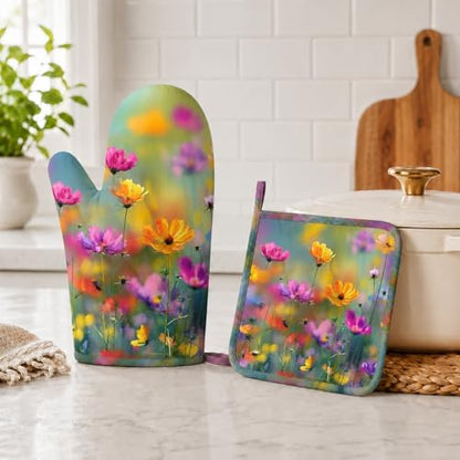 Retro Colorful Flowers Oven Mitts and Pot Holders Sets Boho Floral Non-Slip - Image 5