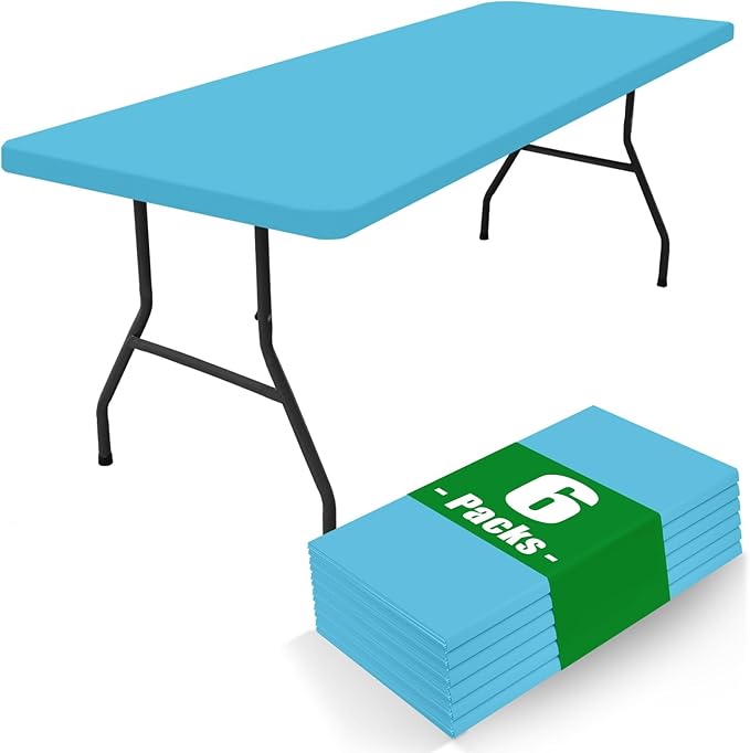 Spandex 6 Foot Rectangle Table Cloth 6 Pack, Elastic Fitted Tablecloths for Picnic, Stretch Washable Patio Table Cover for Outdoor, Camping, Banquet and Parties (Blue Mist, 30"x72")