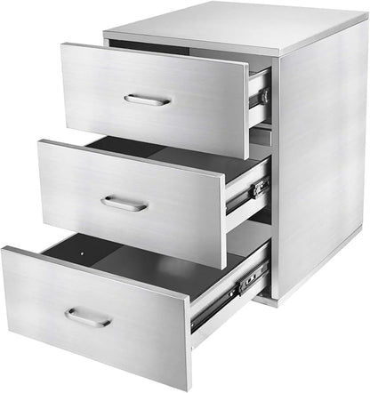 JIEJIN Outdoor Kitchen Drawers Stainless Steel Triple BBQ Island Drawer Flush Mount Outdoor Kitchen Cabinets with Handles with Wheels for Outdoor Kitchens or BBQ Island Patio Grill Station, Silver