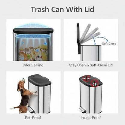 Garvee Stainless Steel Trash Can, 50 L/13 gal Hands Free Garbage Can with Soft Close Lid and Foot Pedal, Metal Kitchen Waste Bin with Inner Bucket for Living Room, Office, D Shape, Silver