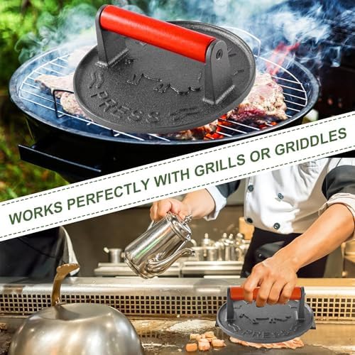 Cast Iron Burger Press, 7.2 inch Round, Wood Handle - Image 6