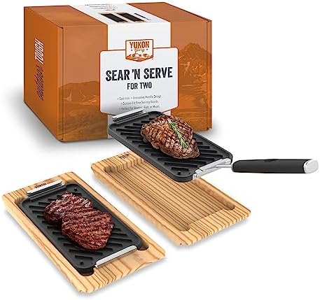 Yukon Glory Cast Iron Grill Pan Set, 2 Pans and Wooden Serving Trays by YukonGlory
