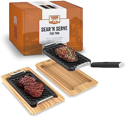 Yukon Glory Cast Iron Grill Pan Set, 2 Pans and Wooden Serving Trays by YukonGlory