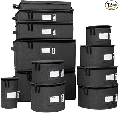 China Storage Hard Shell Containers 12-Piece Set Moving Boxes for Dinnerware, Glasses, Plates, Mugs and Saucers Sturdy Dish Organizer with Dividers for Seasonal Storage - Service for 12 - Black