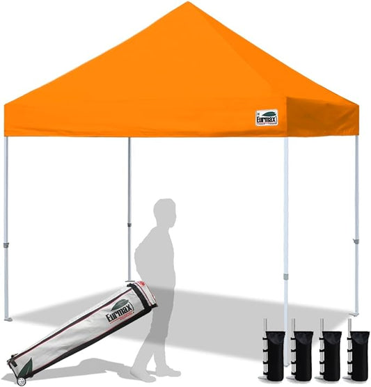 Eurmax USA Standard 10x10ft Patio Pop Up Canopy Tent for Outdoor Events Commercial Instant Canopies with Heavy Duty Roller Bag,Bonus 4 Canopy Sand Bags(Orange)