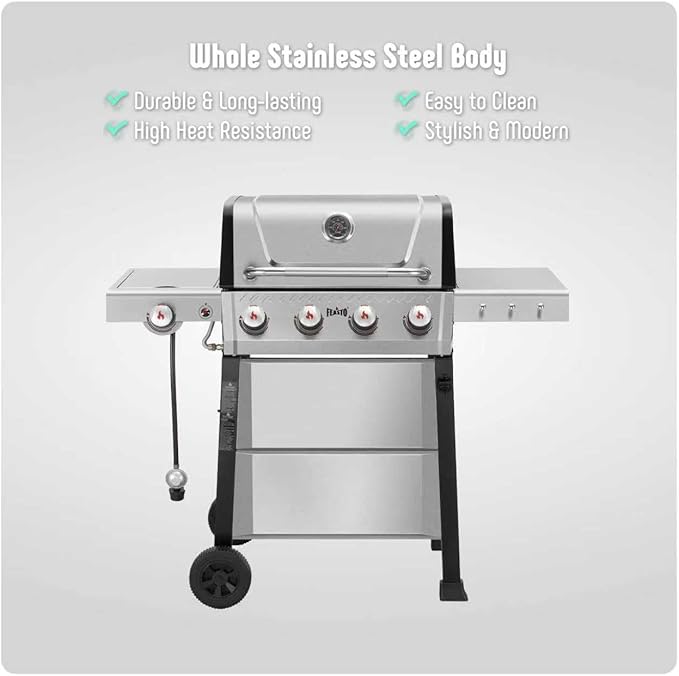 All Stainless Steel 4+1 Burner Gas BBQ Grill, Outdoor Propane Grill with Premium Enameled Coated Chamber Body & Porcelain-Enameled Cast lron Grates, 48,000 BTU