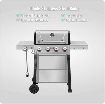All Stainless Steel 4+1 Burner Gas BBQ Grill, Outdoor Propane Grill with Premium Enameled Coated Chamber Body & Porcelain-Enameled Cast lron Grates, 48,000 BTU