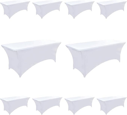 10-Pack 8ft White Spandex Table Covers for Rectangle Folding Tables - Washable Elastic Tablecloth - Ultimate Fitted Table Protector for Parties, Trade Shows, Banquet, and Wedding