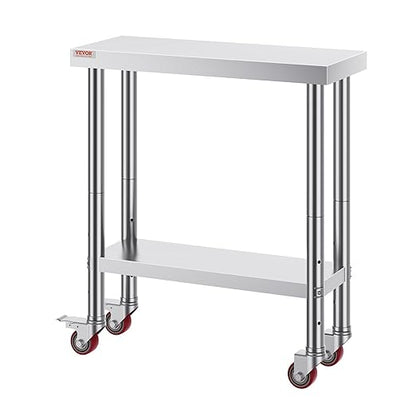 VEVOR Stainless Steel Work Table 30 x 12 x 34 Inch, 700 LBS Load Capacity with 4 Wheels, 3 Adjustable Height Levels, Heavy Duty Food Prep Worktable for Commercial Kitchen Restaurant, Silver